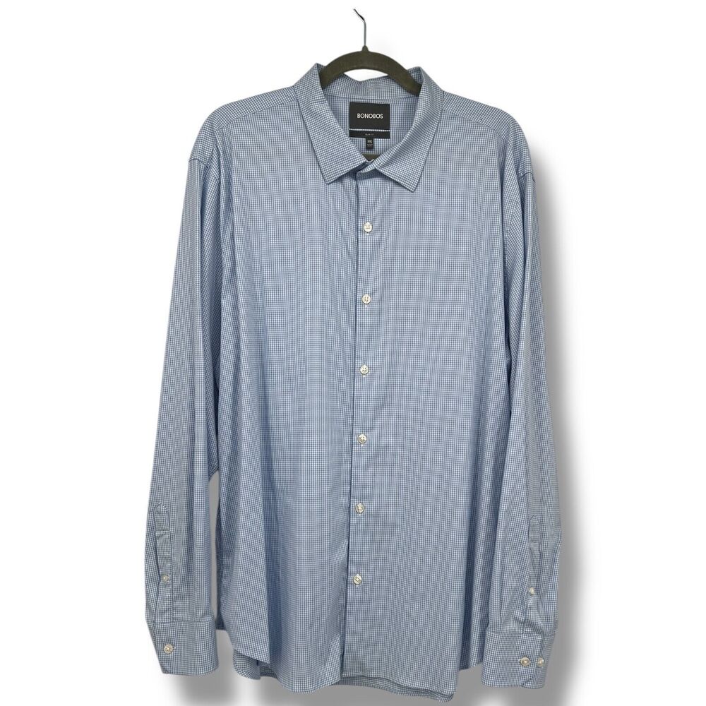 Bonobos Men Blue White Gingham Slim Fit Cotton Button Down Dress Shirt XXL